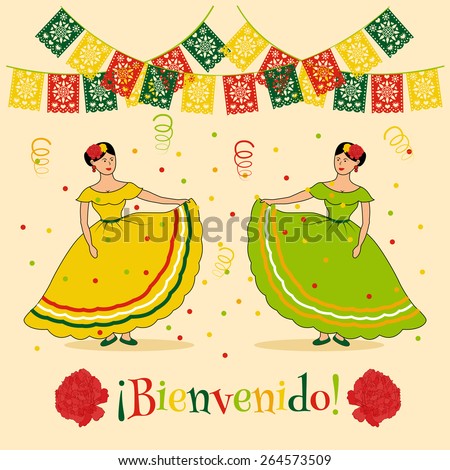 vivid poster template with illustration of mexican carnival: traditional dressed women, mexican cut flags and spanish 