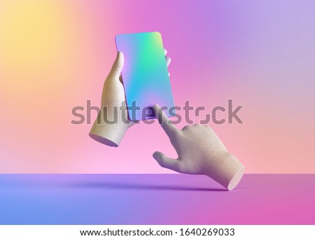 3d render mannequin hands holding smart phone gadget, electronic device isolated on colorful pastel background, minimal concept, simple clean design. Remote control. Limb prosthesis