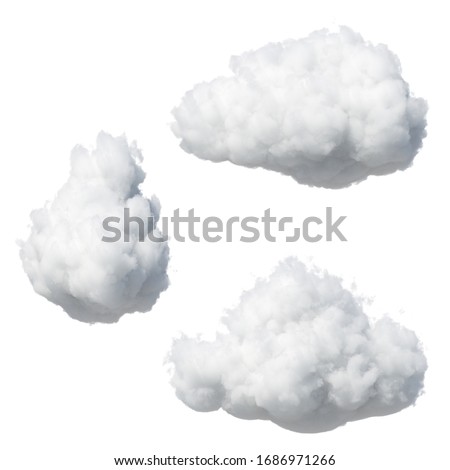 3d render. Random shapes of abstract cotton clouds. Cumulus different views clip art isolated on white background.