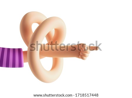 3d render, abstract cartoon character flexible knotted caucasian hand, boneless funny body part concept, finger pointing gesture, isolated on white background. Surrealistic clip art