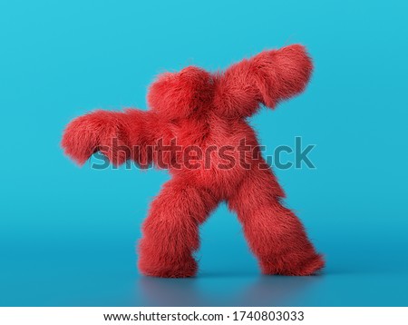 3d render, scary furry red beast cartoon character posing, isolated on blue background. Fluffy plush toy. Man wearing halloween costume of a hairy monster