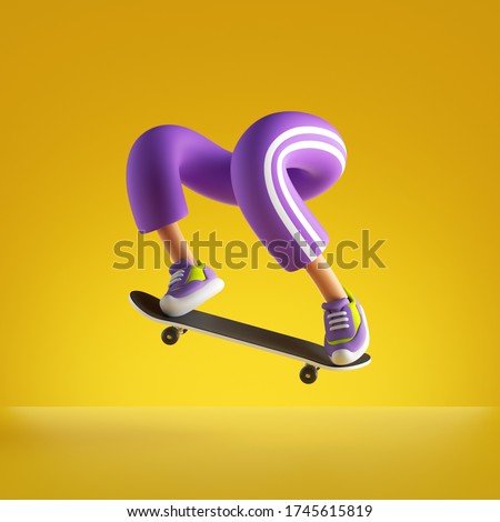 3d rendering, funny cartoon character legs and skateboard isolated on yellow background, extreme freestyle skateboarding trick, active lifestyle sportive illustration