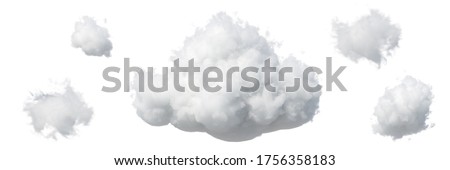 3d render. Abstract fluffy white clouds isolated on white background. Weather forecast symbol. Cumulus clip art set collection. Sky design elements set