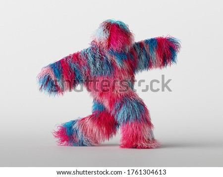 3d render, furry beast cartoon character walking or dancing, isolated on white background, active posing. Fluffy toy. Colorful pink blue hairy monster