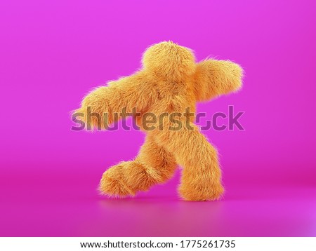 3d render, yellow furry beast cartoon character walking or dancing, isolated on pink background, active posing. Fluffy plush toy. Man wearing halloween costume of a hairy monster