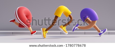 3d render. Cartoon character running legs. Jogging athletes wearing colorful sportive clothes and shoes. Sport illustration of marathon contestants