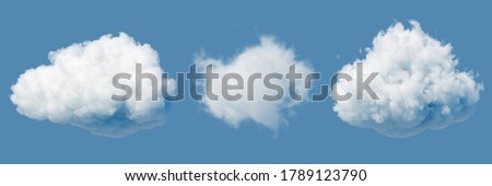 3d render. Abstract white clouds isolated on blue background. Weather forecast symbol. Cumulus clip art. Sky design elements set