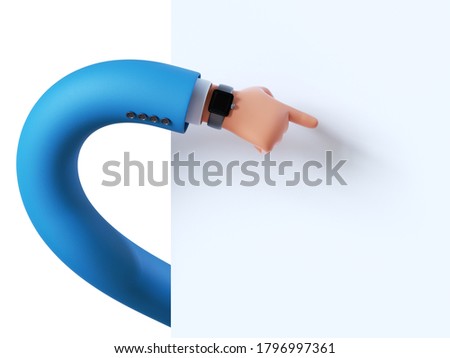 3d render, funny cartoon character hand, pointing finger, blank banner mockup. Business clip art isolated on white background