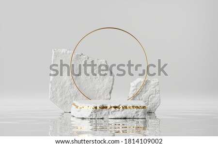 3d render, abstract modern minimal background with cobblestones and reflection in the water on the wet floor. Trendy showcase with golden round frame and empty platform for product displaying
