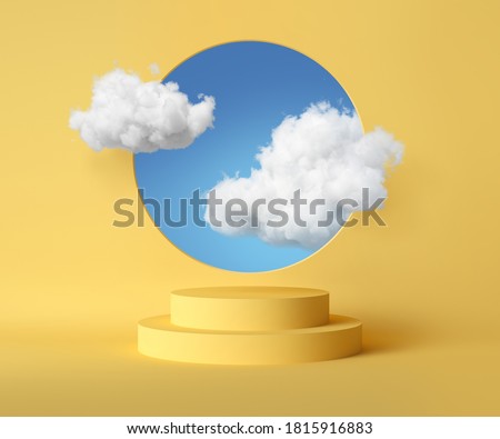 3d render, abstract background with blue sky inside the round hole on the yellow wall. White clouds fly through the window above the empty podium. Blank showcase mockup
