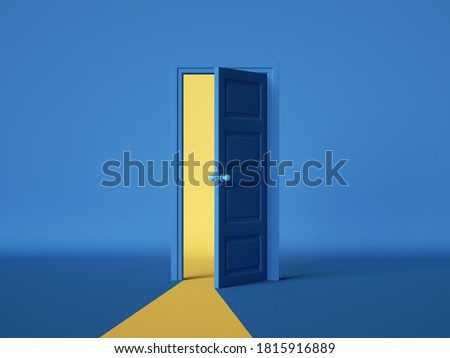 3d render, yellow light going through the open door isolated on blue background. Architectural design element. Modern minimal concept. Opportunity metaphor.