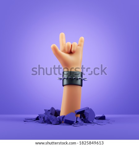 3d render, cartoon character hand, rock gesture, blank poster mockup. Rock concert clip art isolated on violet background