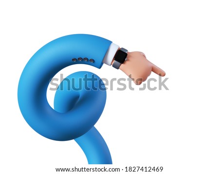 3d render, funny cartoon character spiral hand points forward, pointing finger, shows direction. Business clip art isolated on white background