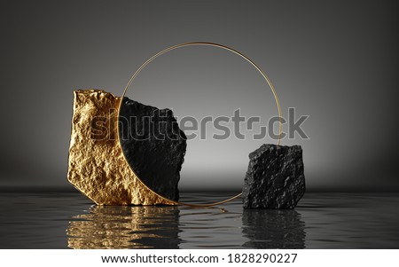 3d render, abstract modern minimal background with black and gold cobblestones, reflection in the water on the wet floor. Blank showcase with golden round frame, empty platform for product displaying