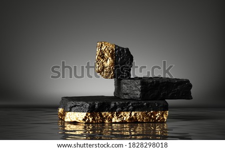 3d render, abstract minimal background with rough black and gold cobblestones, reflection in the water on the wet floor. Trendy fashion showcase with coal stone platform for product displaying