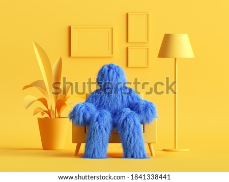 3d render, hairy yeti toy, blue cartoon character monster sits in an armchair inside modern minimal yellow living room. Abstract dollhouse interior