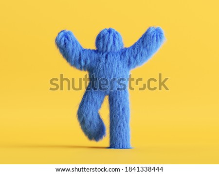 3d render, shaggy cartoon character, furry scary halloween monster, hairy beast walking. Unknown blue funny toy isolated on yellow background