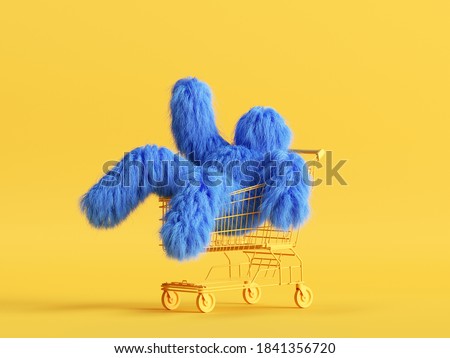 3d render, funny Yeti cartoon character sits inside the shopping cart, hairy blue monster toy. Sale concept. Commercial clip art isolated on yellow background Stock foto © 