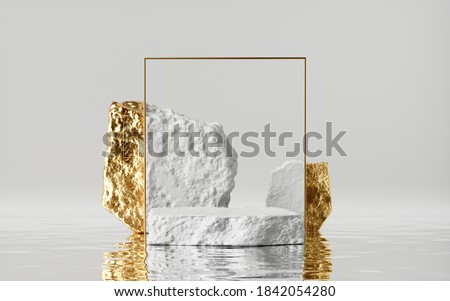 3d render, abstract modern minimal white background with golden cobblestones and reflection on the wet floor. Trendy showcase with golden square frame and empty rock platform for product displaying