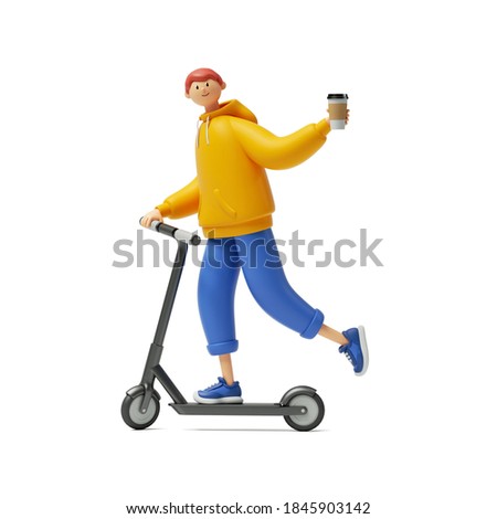 3d render, cartoon character young man wears yellow hoodie and blue trousers, rides electric kick scooter, holds take away coffee cup. Modern urban transport clip art isolated on white background