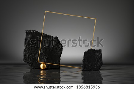 3d render, abstract black background with cobblestones and golden square frame, liquid floor with reflection in the water, modern minimal showcase for product presentation