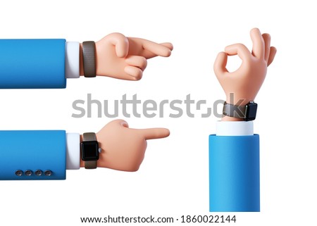 3d render, cartoon character businessman hands assorted gestures: crossed fingers, pointing finger, okay. Business clip art set isolated on white background