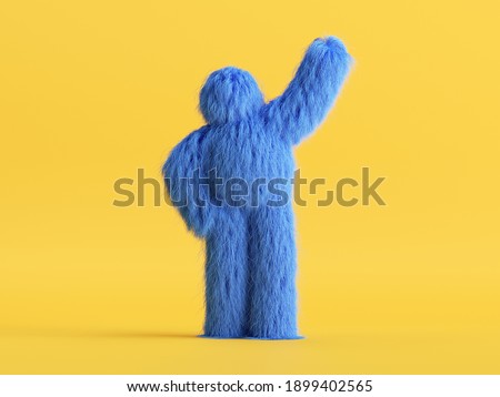 3d render, blue hairy yeti, cartoon character fluffy monster toy isolated on yellow background, standing pose. Colorful furry beast stands with hand up. Modern minimal concept