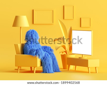 3d render, furry blue cartoon character monster sits in comfortable armchair in front of TV with blank screen mockup. Modern minimal yellow living room interior. Hairy beast inside the dollhouse.