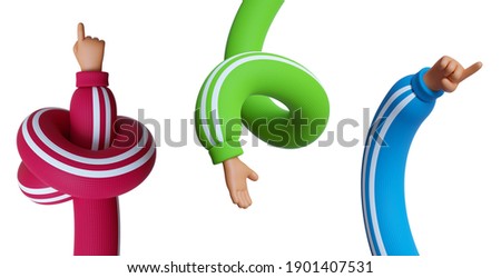 3d rendering, set of funny cartoon character tangled and spiral hands in colorful sleeves, clip art isolated on white background. Assorted gestures