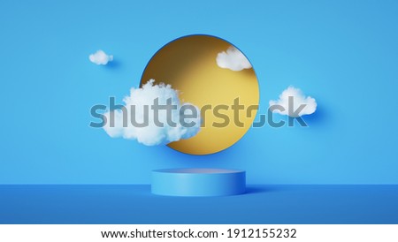 3d render, abstract blue background with white clouds and yellow round hole. Simple geometric showcase scene with empty podium stage for product presentation
