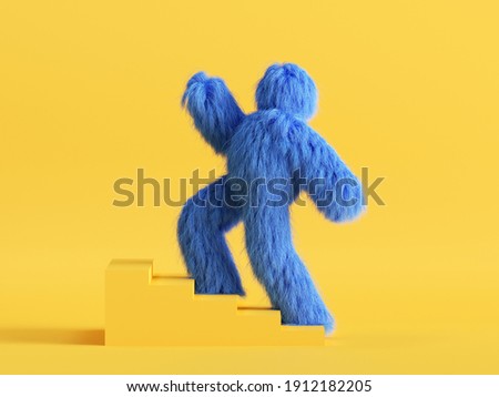 3d render, funny Yeti cartoon character goes upstairs the simple steps. Success concept. Funny toy, hairy blue monster clip art isolated on yellow background Stock foto © 