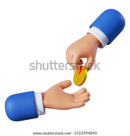 Cartoon character hands give and take golden coin. Business clip art isolated on white background. Payment and shopping, good deal partnership concept. 3d illustration.