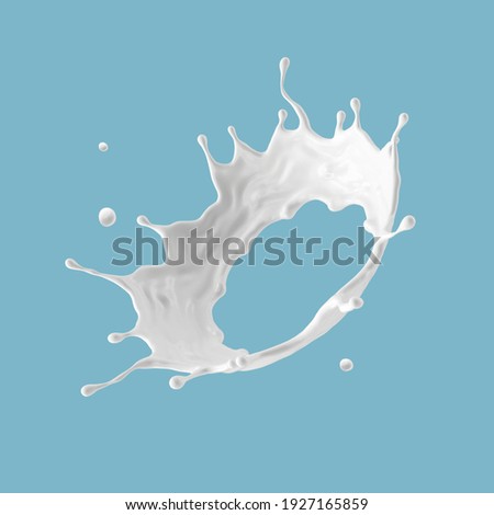 3d render, round milk splash crown perspective view. Abstract liquid clip art isolated on blue background. White paint splashing ring