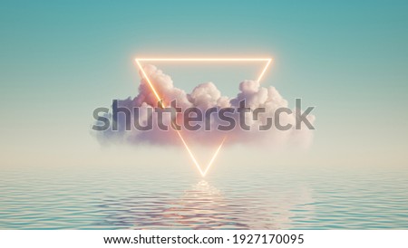 3d render, abstract geometric background, white cloud and glowing neon triangular frame. Illuminated cumulus. Minimal futuristic seascape with reflection in the water