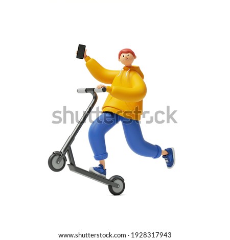 3d render, cartoon character young man wears yellow hoodie and blue trousers, holds smart phone, rides electric kick scooter. Modern urban transport sharing, clip art isolated on white background
