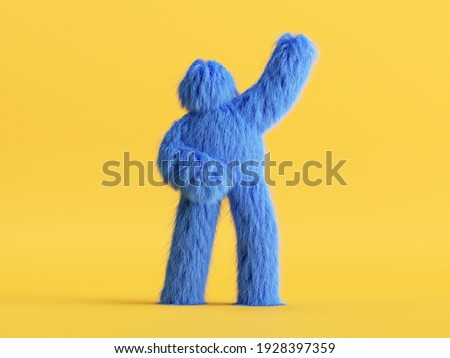 3d render, blue furry cartoon character, shaggy halloween monster, hairy beast. Unknown funny toy isolated on yellow background