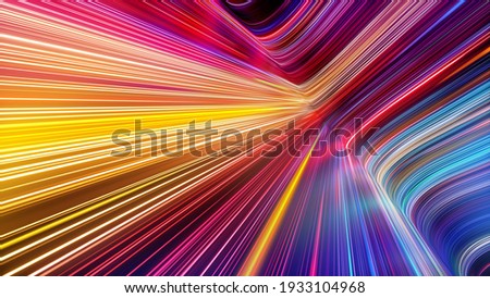 3d render, abstract background with colorful spectrum. Bright pink yellow neon rays and glowing lines.