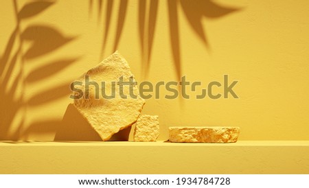 3d render, abstract summer yellow background with tropical leaves shadow and bright sunlight. Minimal showcase scene with cobble stones pile, empty platform for natural product presentation