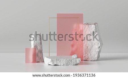 3d render, abstract background with white cobblestone ruins and pink glass blocks. Modern minimal installation with rocks and stones