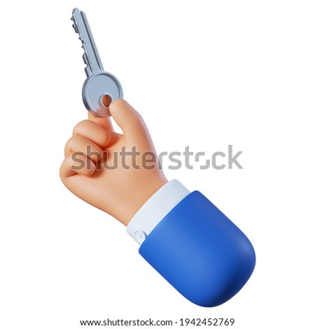 3d render. Hand icon, access concept. Cartoon character holds metallic key. Business clip art isolated on white background. Real estate illustration.