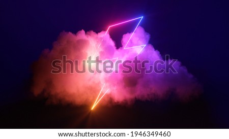 3d render, abstract background with cloud and neon lightning sign in the night sky. Stormy cumulus with glowing geometric shape