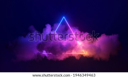 3d render, abstract background with cloud and neon triangular shape in the night sky. Stormy cumulus with glowing geometric frame