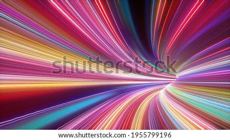 3d render of hyperspace tunnel turning to the right, abstract cosmic background. Bright neon rays and glowing lines. Network data, speed of light, space and time strings, highway night lights Photo stock © 