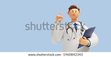 3d render. Doctor cartoon character with stethoscope and clipboard, looks at camera and gives advice. Clip art isolated on blue background. Professional consultation and recommendation