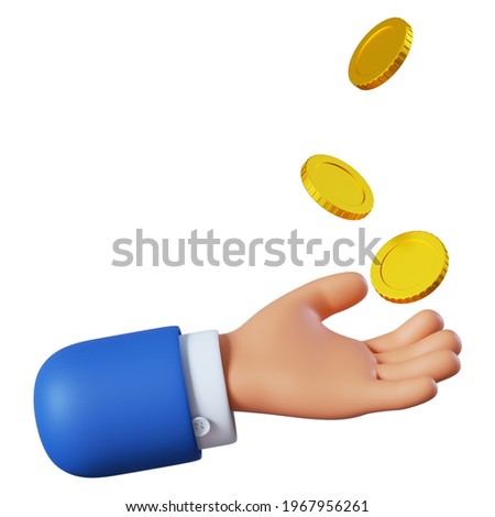 3d illustration. Cartoon character hand throws up golden coins to the air. Business clip art isolated on white background. Payment and shopping