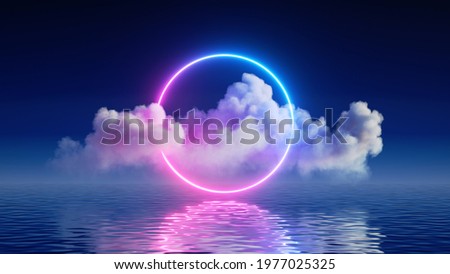3d render, fantasy background with glowing neon ring and white cloud above the calm water. Abstract seascape