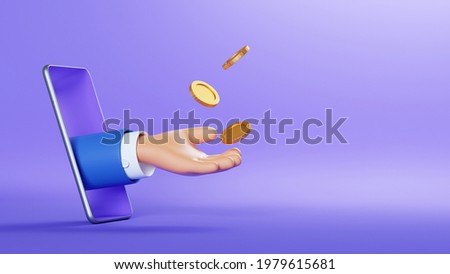 3d illustration. Cartoon character hand sticking out the smart phone screen, throws up golden coins to the air. Online business profit clip art isolated on violet background. Financial application
