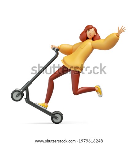 3d render, cartoon character young redhead woman wears yellow hoodie and red trousers, rides electric scooter, makes extreme tricks. Modern urban transport clip art isolated on white background
