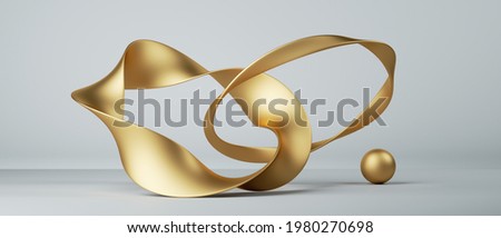 3d render, abstract fashion background with twisted mobius ribbons, connected links, paper stripe macro, golden foil