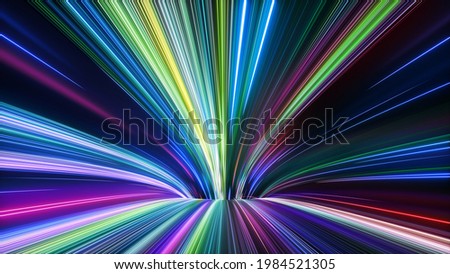 3d render of hyperspace tunnel going down, abstract background. Colorful green blue purple spectrum of bright neon rays and glowing lines Photo stock © 